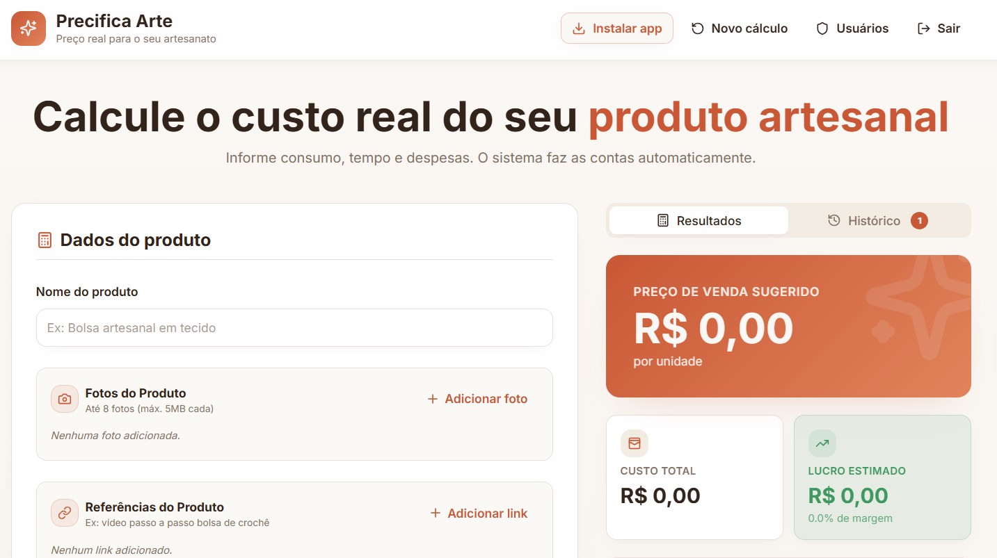 Interface do aplicativo Precifica Arte com formulário de custos e preço sugerido