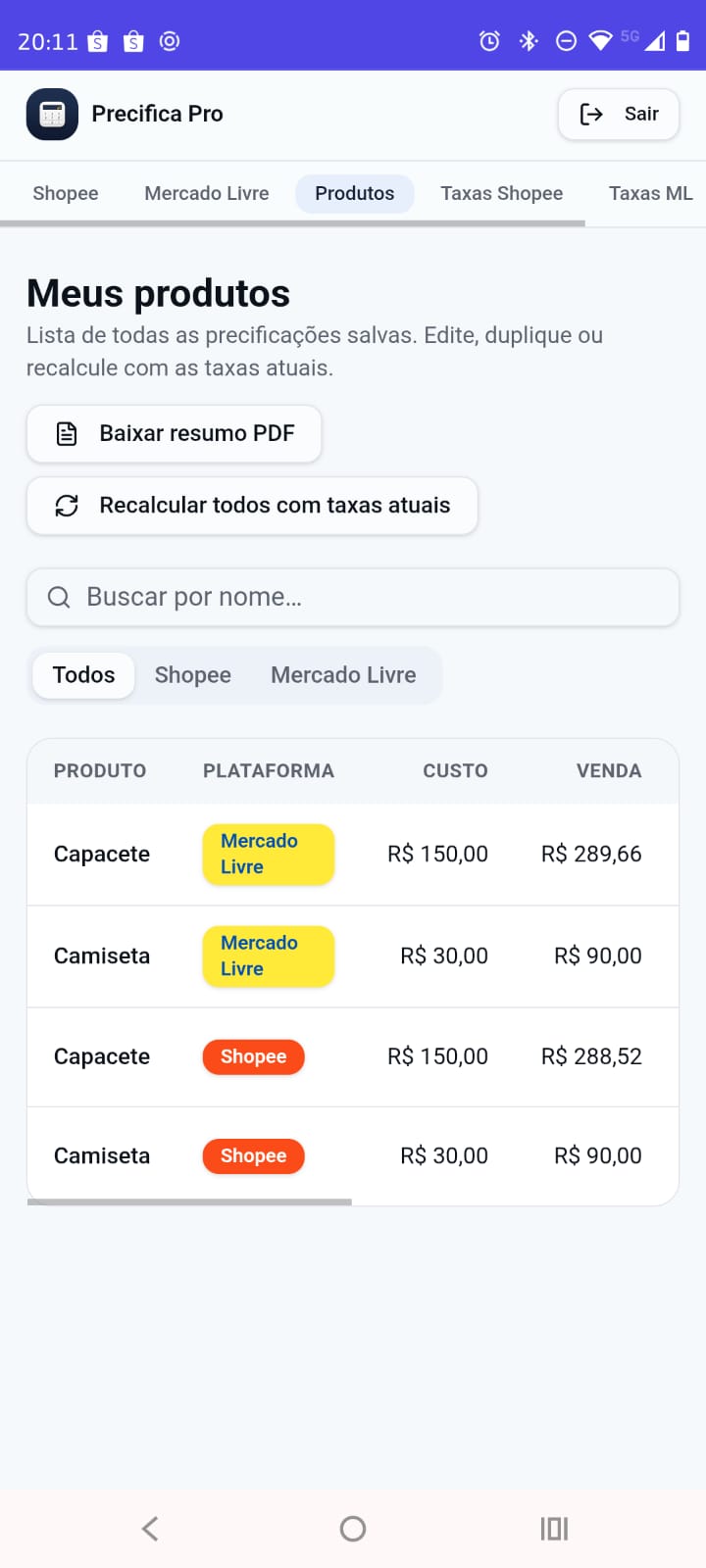 Aplicativo Precifica Pro — lista de produtos precificados para Shopee e Mercado Livre