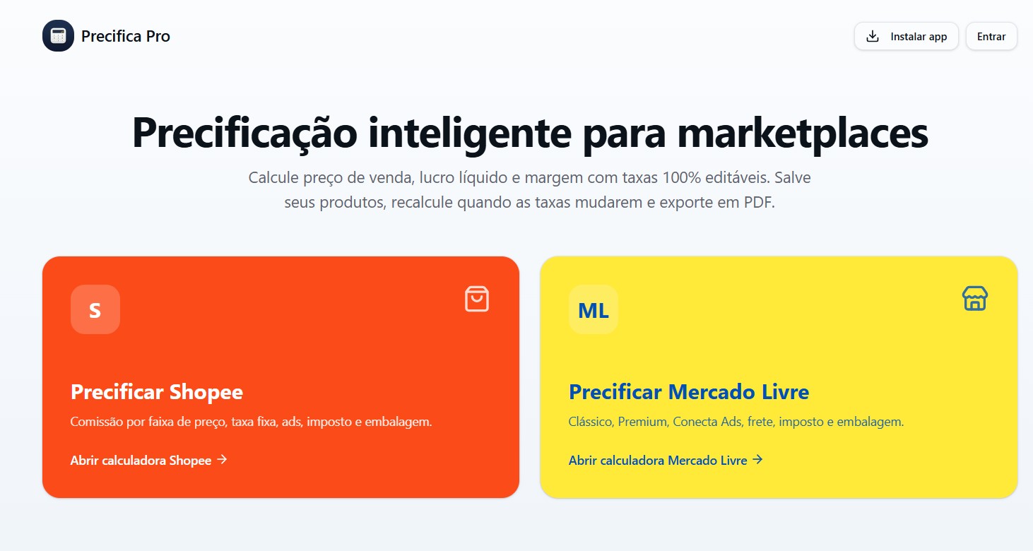 Tela inicial do Precifica Pro com calculadoras de Shopee e Mercado Livre